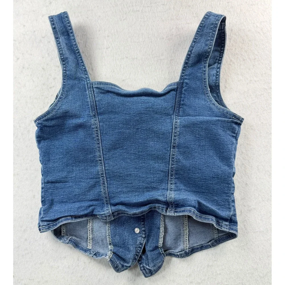 Statement Denim Button Front Corset Bustier Crop Top Medium Wash Medium